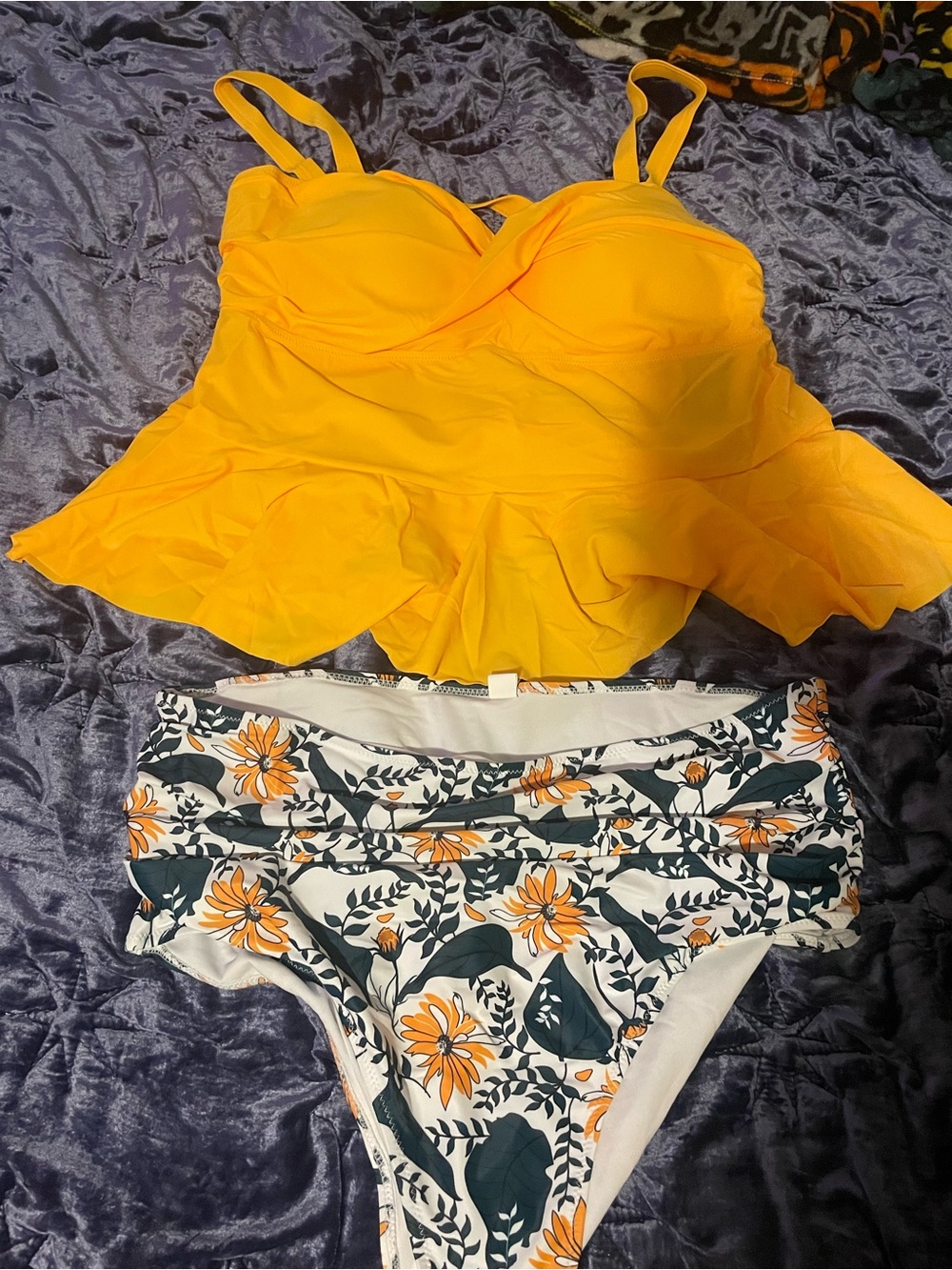 Yellow Peplum Tankini Top with Floral High-Waist Bottoms